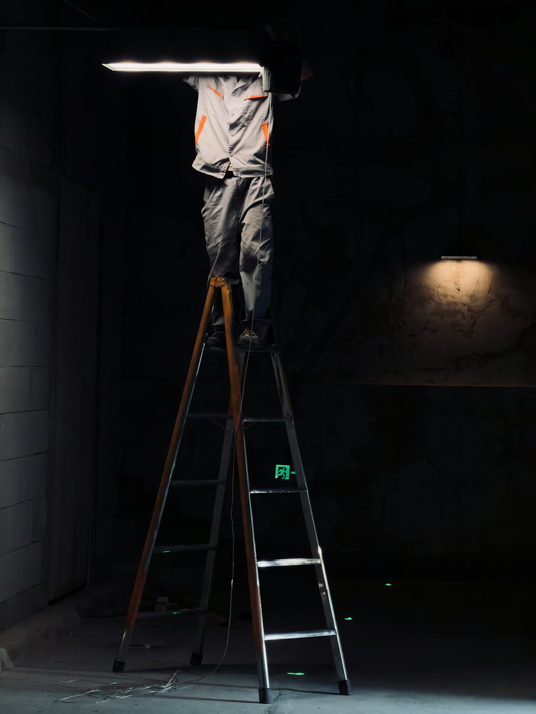 Worker installs bright LED light in dark unfinished space.